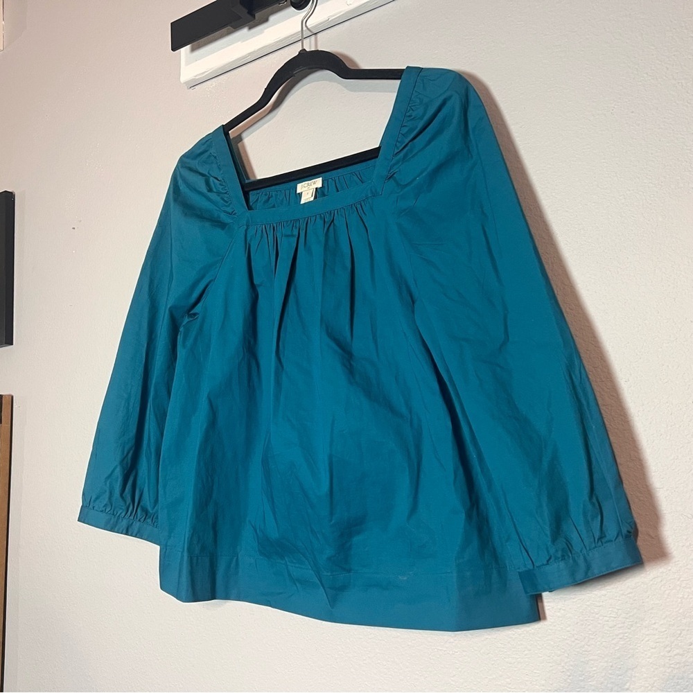 J. Crew Peasant Top Blouse Square Neck Blue Green Teal Size Small Cotton Blend